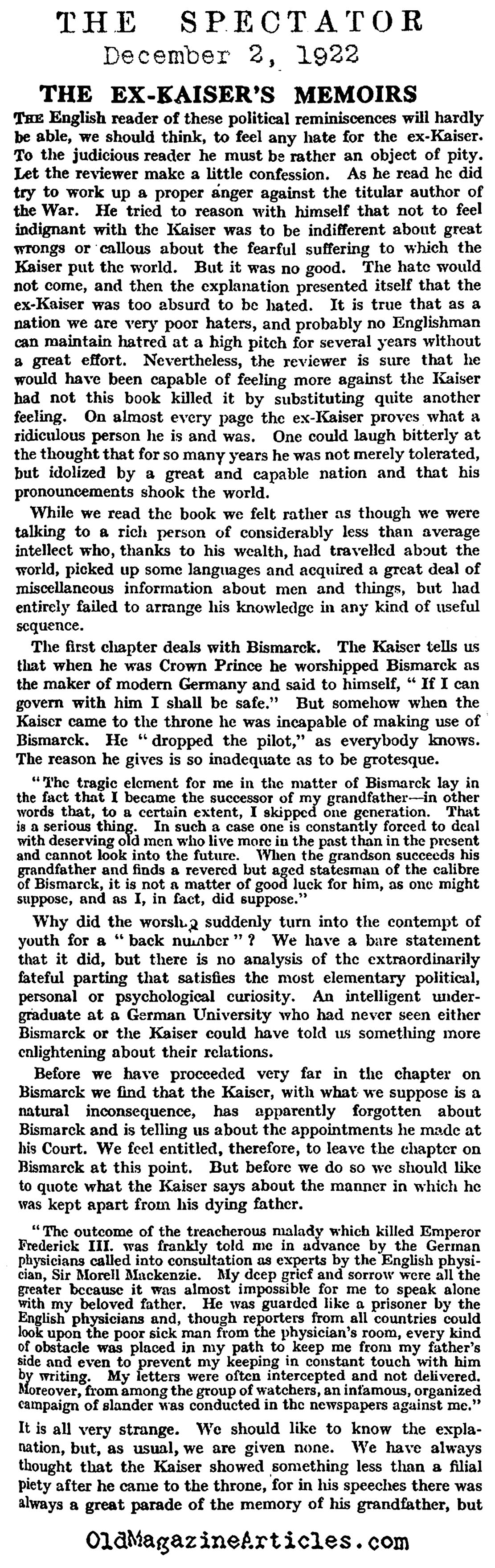  Review of Kaiser Welhelm's Memoir (The Spectator, 1922)
